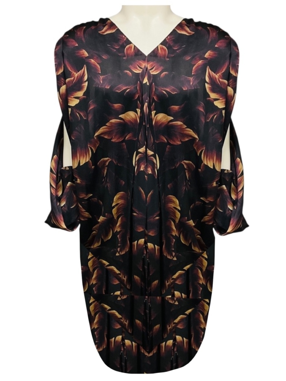 LANVIN BROWN MULTI PRINTED DRAPED SILK DRESS WITH OPEN SLEEVES